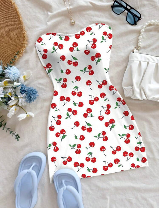 Vestido Strapless Estampado de Cerezas